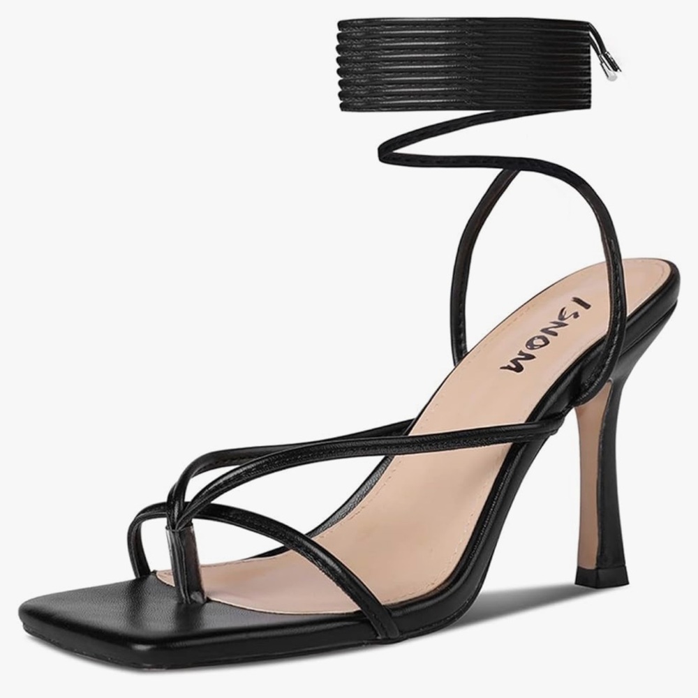 ISNOM | Open Toe Strappy Lace Up Square Toe Heels